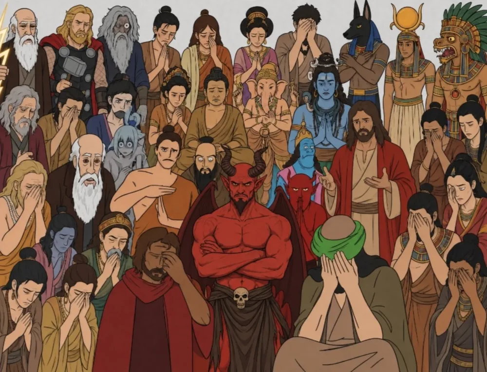 The same crowd of gods, now with a red devil in the middle, arms crossed
