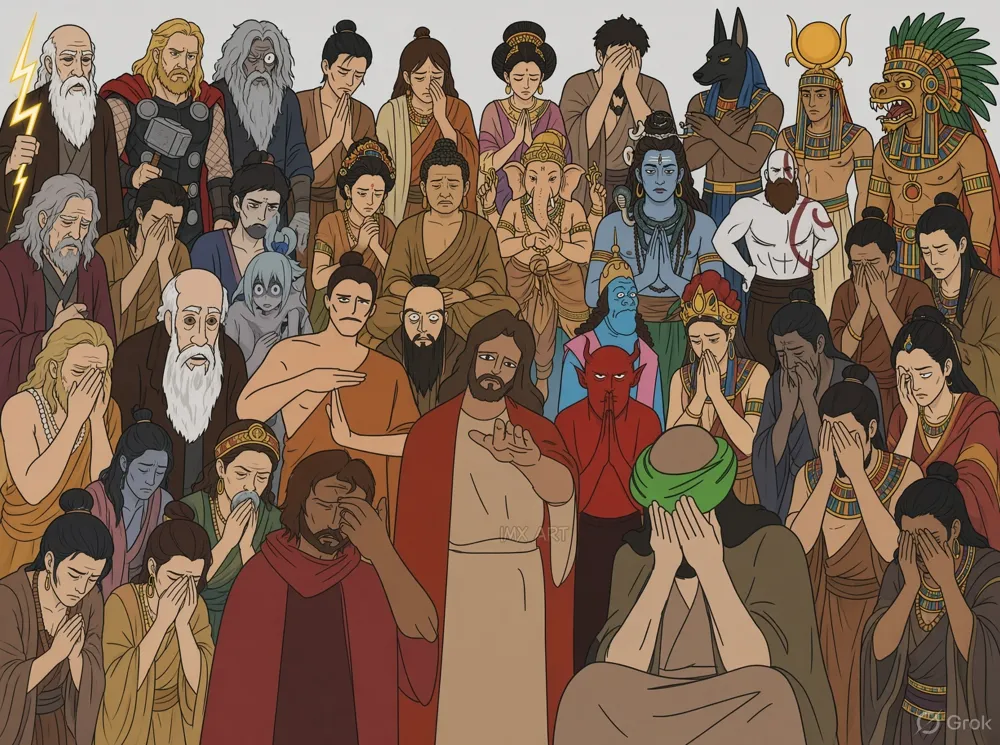 Drawn crowd of gods from many religions, most covering their faces, with Jesus calm in the middle