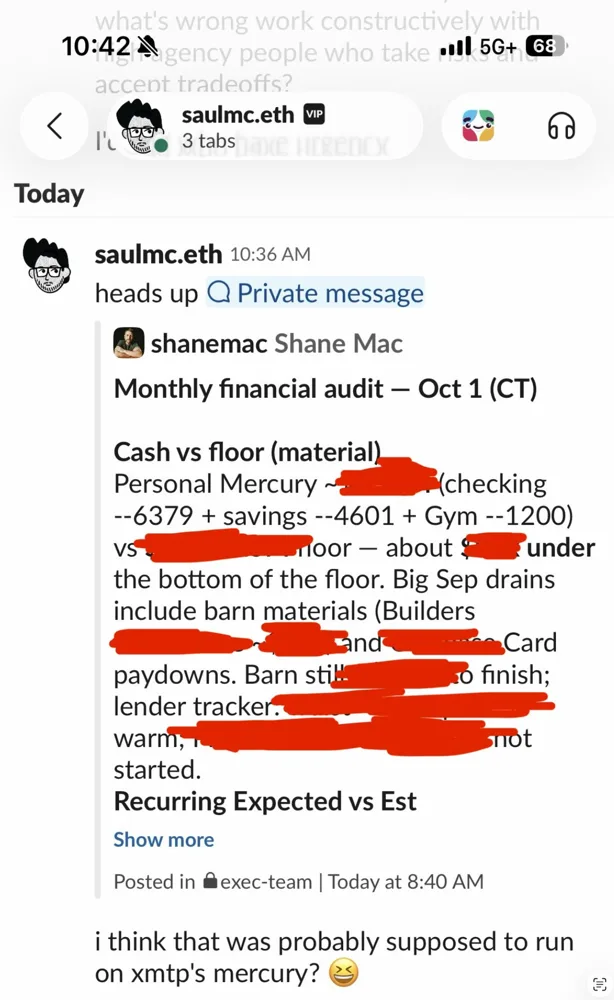 Screenshot from Slack: a message under Shane Mac's name headed Monthly financial audit, with his personal accounts and expenses, partly crossed out by him in red. A coworker writes below: i think that was probably supposed to run on xmtp's mercury?